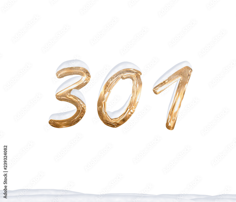 Gold Number 301 with Snow on white background Gold Number 301 with Snow on white background