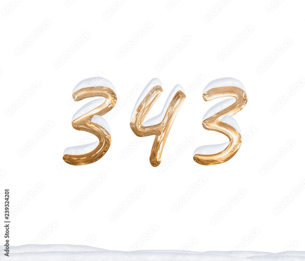 Gold Number 343 with Snow on white background Gold Number 343 with Snow on white background