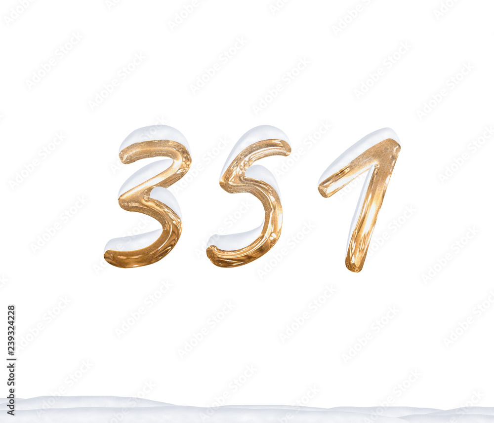 Gold Number 351 with Snow on white background Gold Number 351 with Snow on white background