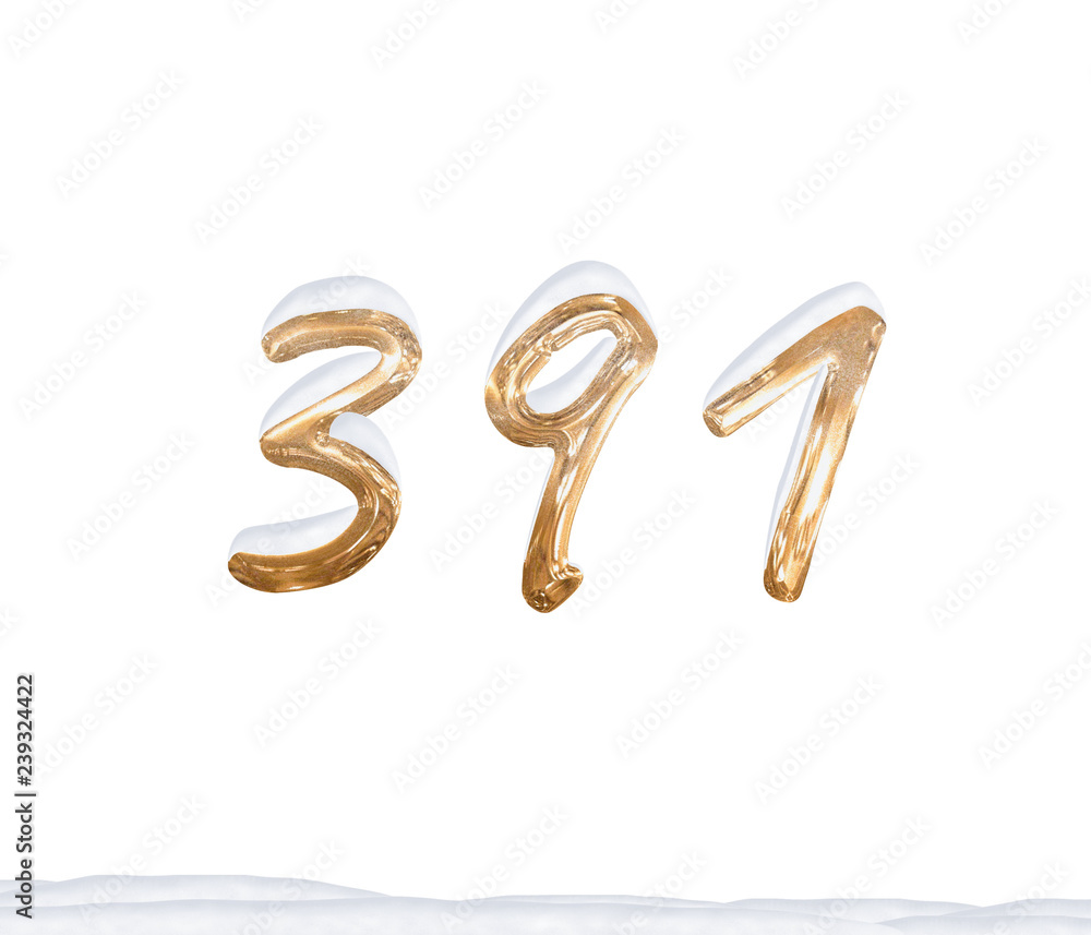 Gold Number 391 with Snow on white background Gold Number 391 with Snow on white background