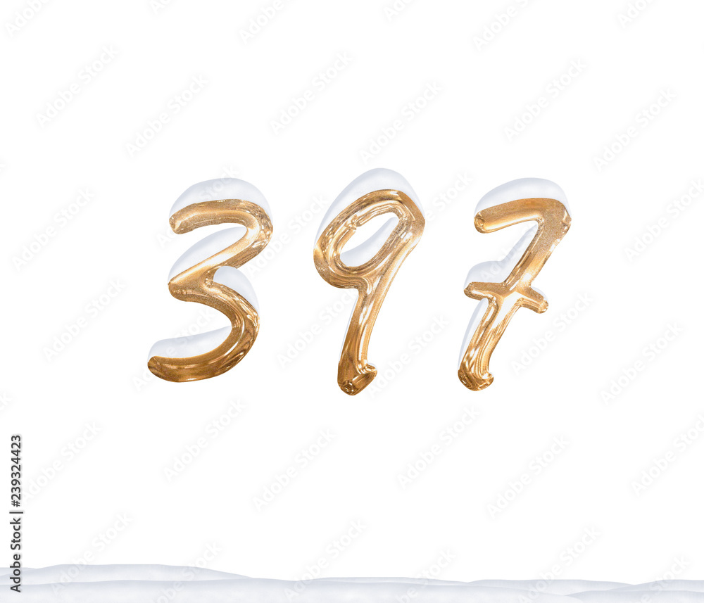 Gold Number 397 with Snow on white background Gold Number 397 with Snow on white background