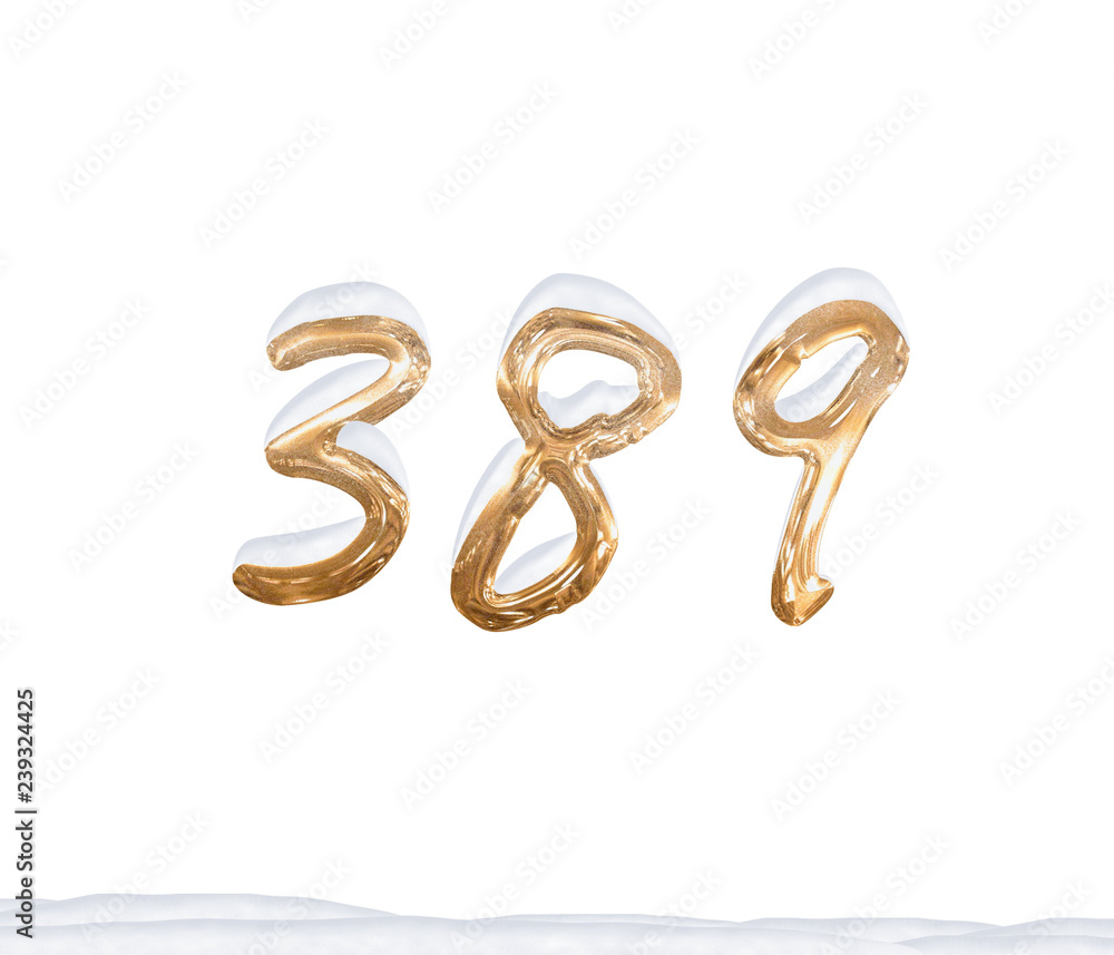 Obraz premium Gold Number 389 with Snow on white background