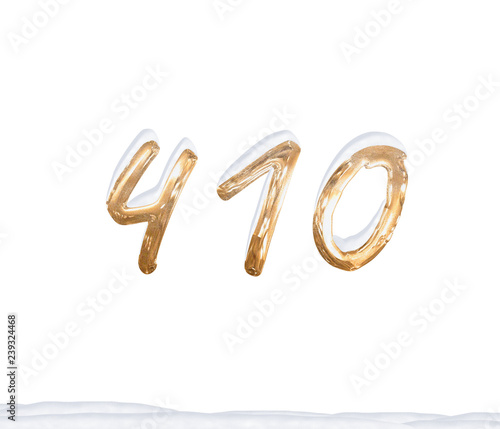 Gold Number 410 with Snow on white background