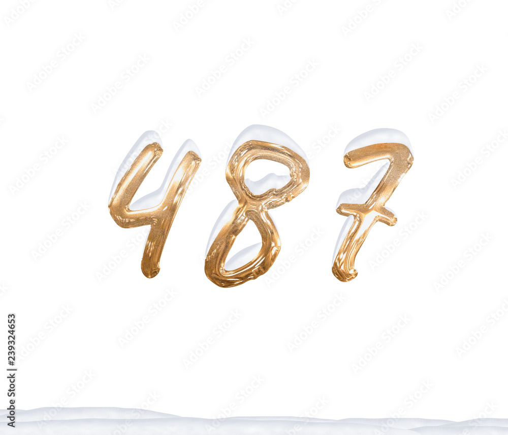 Gold Number 487 with Snow on white background Gold Number 487 with Snow on white background
