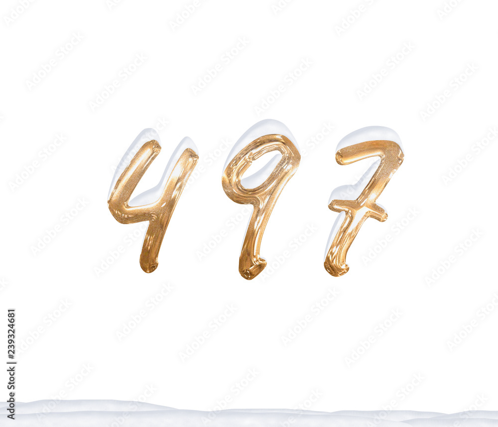 Gold Number 497 with Snow on white background Gold Number 497 with Snow on white background