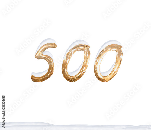 Gold Number 500 with Snow on white background