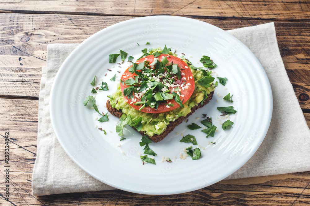 Avocado toast. Healthy toast with avocado mash and tomatoes on a plate. Avocado toast. Healthy toast with avocado mash and tomatoes on a plate.