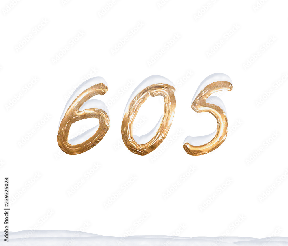 Gold Number 605 with Snow on white background Gold Number 605 with Snow on white background