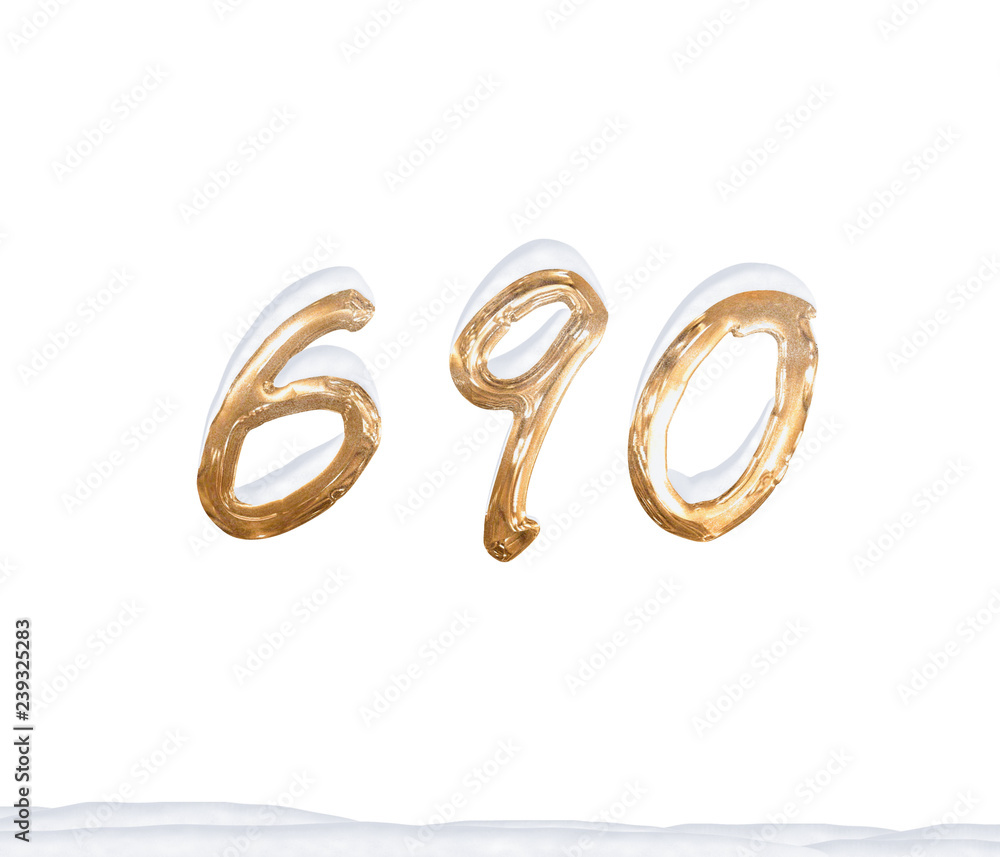 Gold Number 690 with Snow on white background Gold Number 690 with Snow on white background