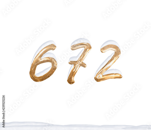 Gold Number 672 with Snow on white background