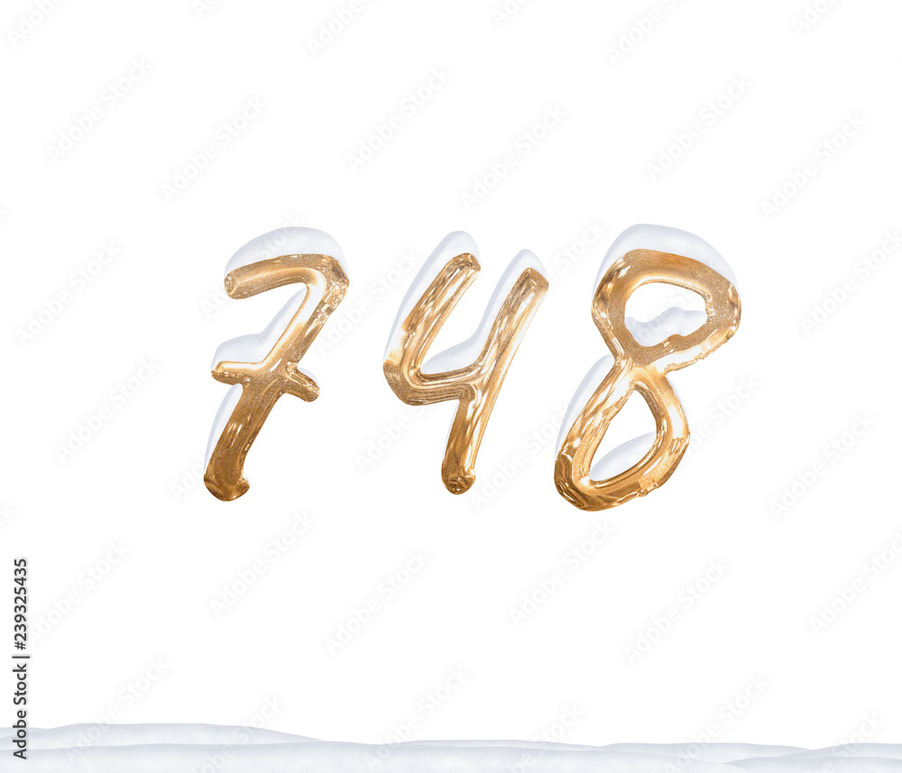 Gold Number 748 with Snow on white background Gold Number 748 with Snow on white background
