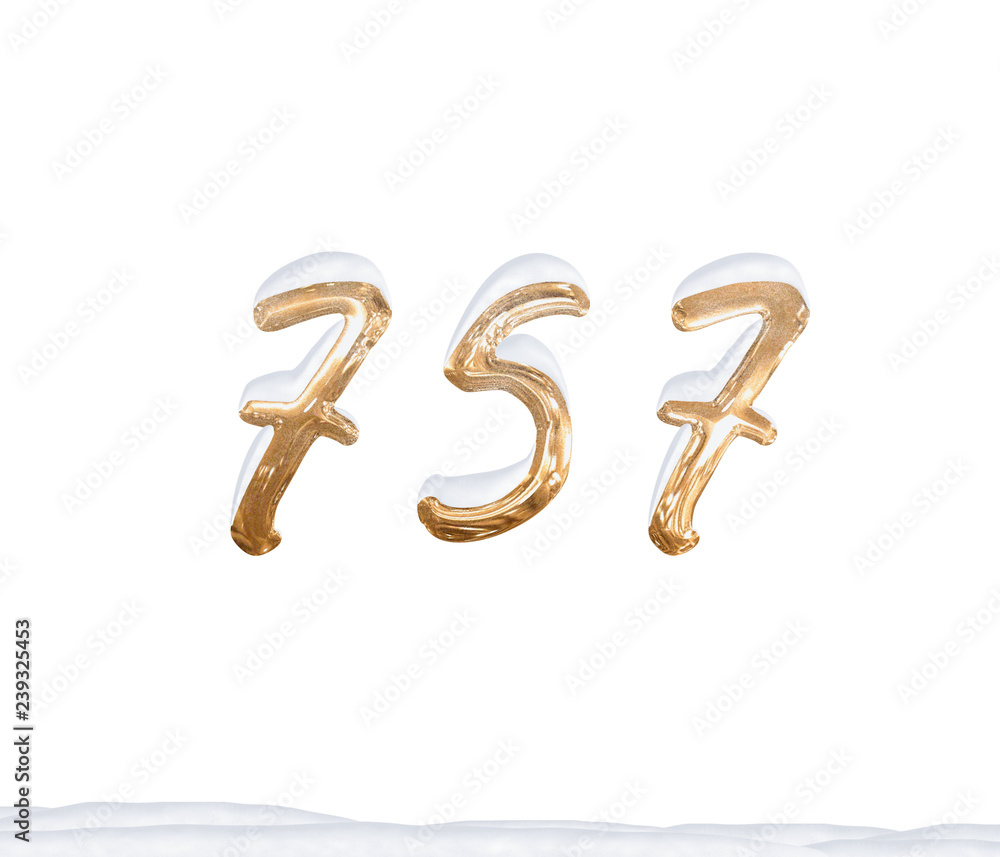 Gold Number 757 with Snow on white background Gold Number 757 with Snow on white background
