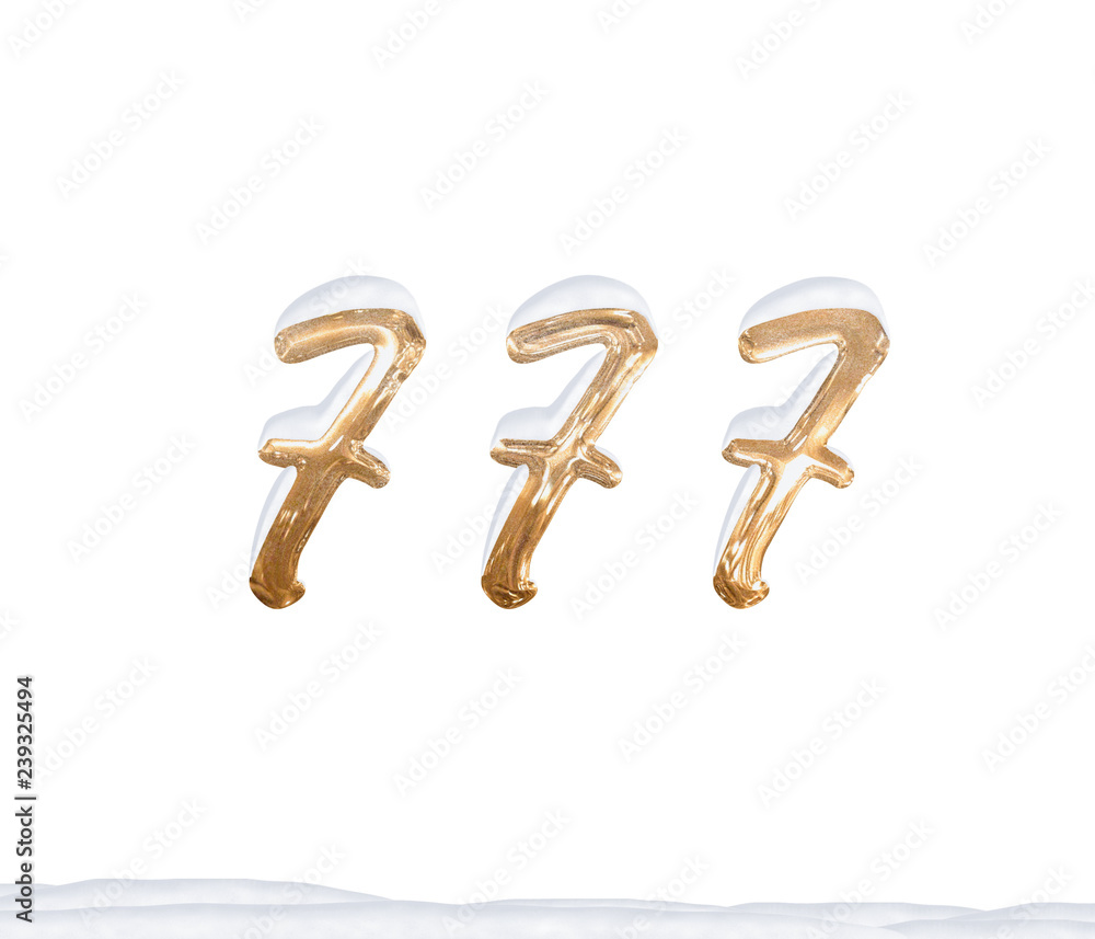 Naklejka premium Gold Number 777 with Snow on white background