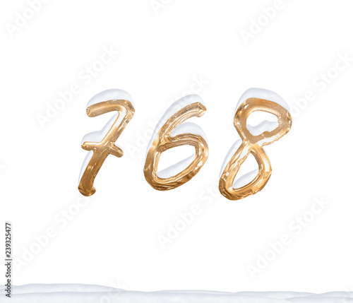 Gold Number 768 with Snow on white background