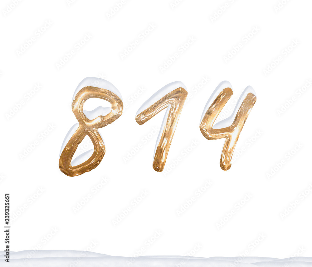 Gold Number 814 with Snow on white background Gold Number 814 with Snow on white background
