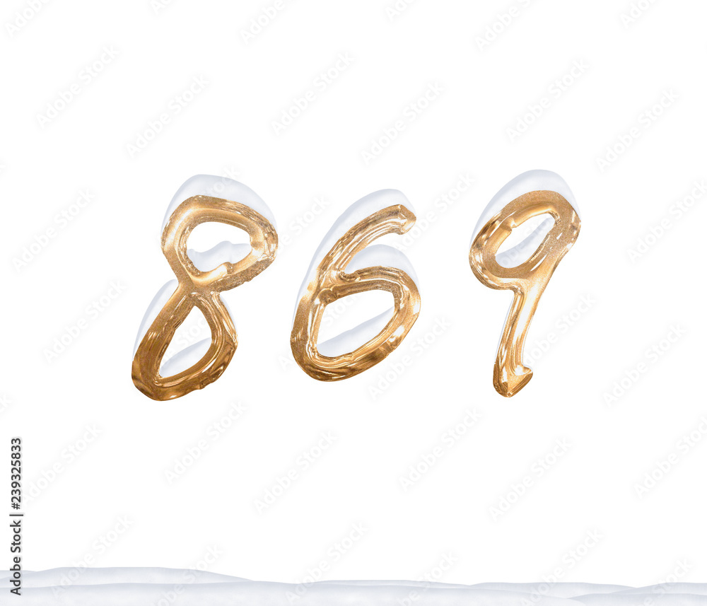 Gold Number 869 with Snow on white background Gold Number 869 with Snow on white background