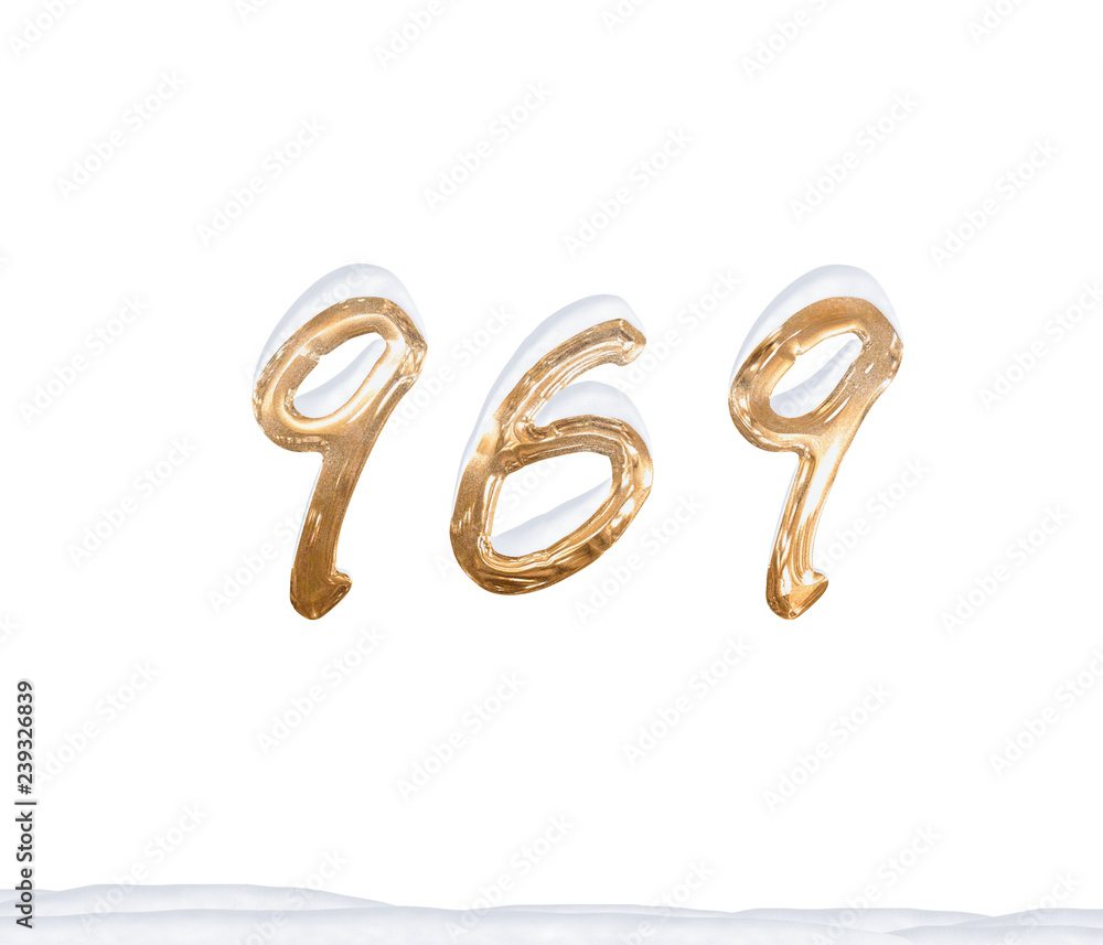 Gold Number 969 with Snow on white background Gold Number 969 with Snow on white background
