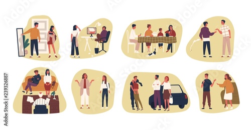 Collection of conflict situations or scenes between parents and their teenage kids. Bundle of adult people and teenagers arguing or quarrelling. Colorful vector illustration in flat cartoon style.