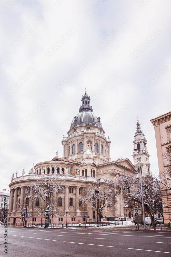 Saint Stephen basilica in winter cover snow, Budapest, Hungary