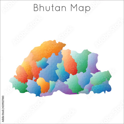 Low poly map of Bhutan with geometric, polygonal design.