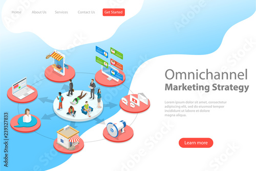 Isometric flat vector landing page template of omnichannel, several communication channels between seller and customer, digital marketing, online shopping.