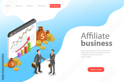 Flat isometric vector landing page template of affiliate marketing, business strategy, referral program, partnership.
