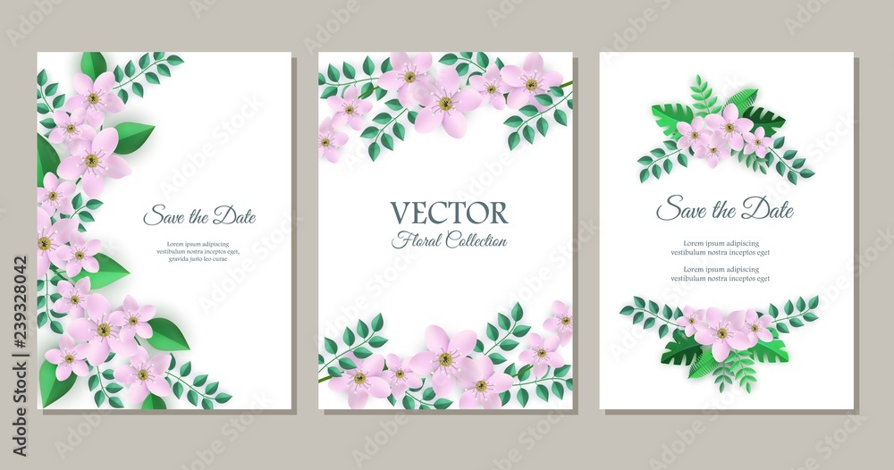 Vector save the date poster set with pink flowers with leaves pattern on white paper, elegant frame. Beautiful blooming florals for romantic decoration wedding marriage or dating card vintage design