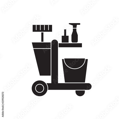  cleaning trolley black vector concept icon.  cleaning trolley flat illustration, sign, symbol