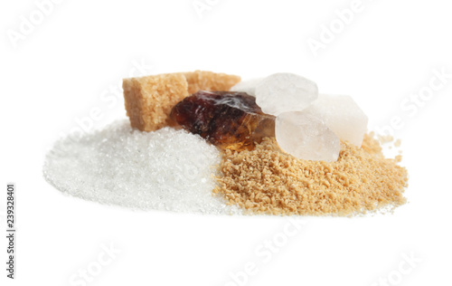 Different kinds of sugar on white background