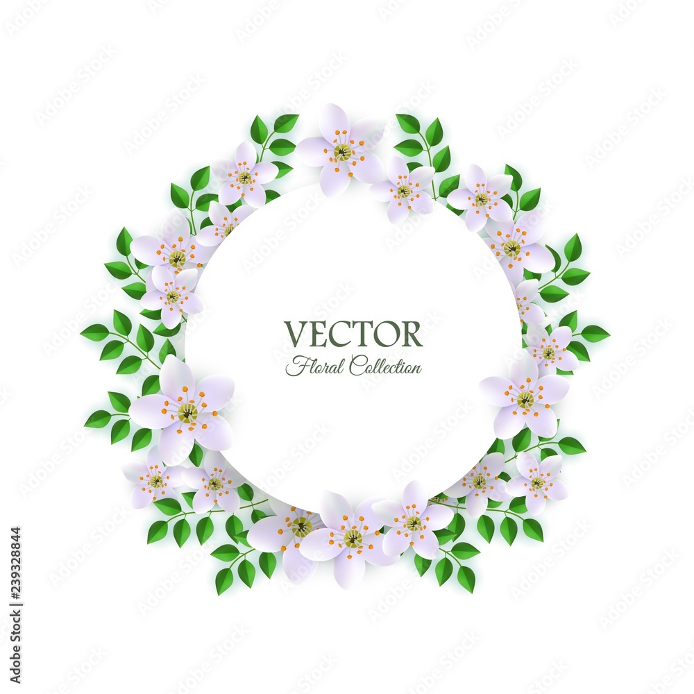 Vector illustration of floral composition with tender light flowers and green leaves around round card with copy space. Natural element with blooms for romantic design isolated on white background.