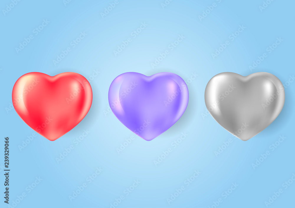 Set of heart shapes of different colors in realistic 3d style