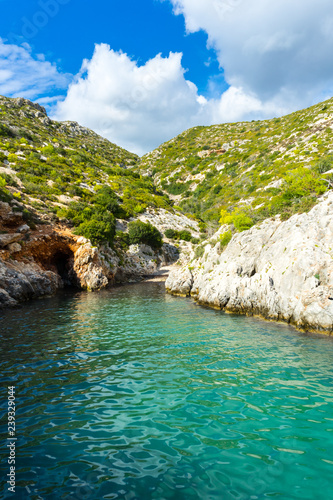 Greece, Zakynthos, Narrow bay of Porto Limnionas offering clear turquoise water