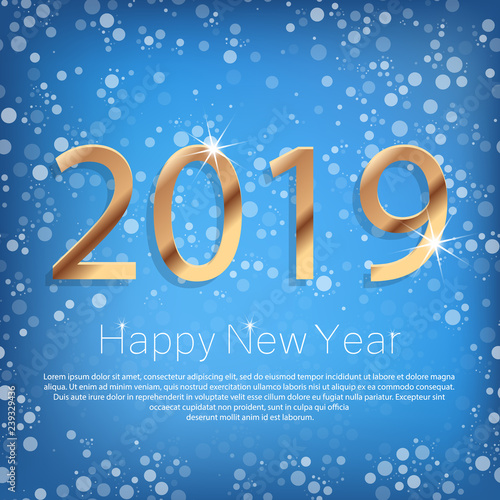 Happy New Year 2019 Poster with Golden Greeting Text and White Snowflakes. Vector Illustration.