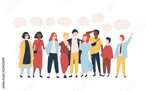 Young men and women standing together and speech balloons isolated on white background. Male and female cartoon characters speaking, talking, delivering verbal messages. Flat vector illustration.