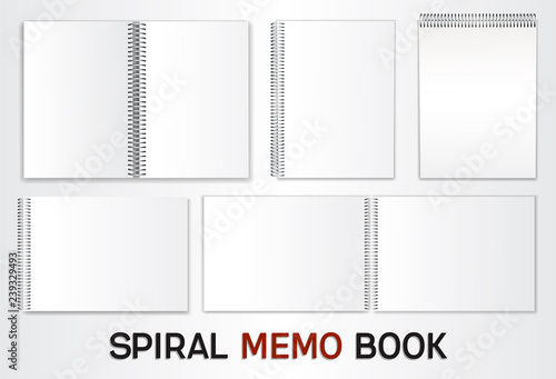 A set of templates for albums, notepads with a metal spiral. Blank sheets to insert your design. Isolated on white background. Vector illustration.