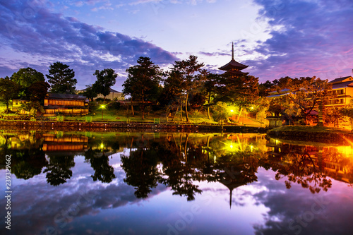 A twilight at a magical scene in Nara  Japan  with illuminated Kofukuji Five Storied pagoda
