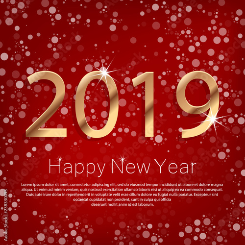 Happy New Year 2019 Poster with Golden Greeting Text and White Snowflakes. Vector Illustration.