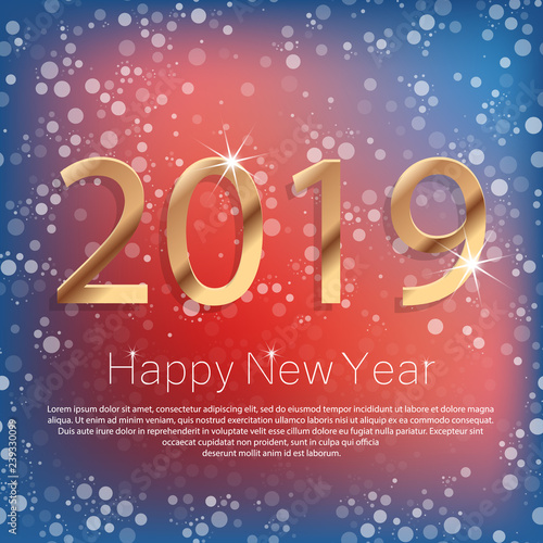 Happy New Year 2019 Poster with Golden Greeting Text and White Snowflakes. Vector Illustration.