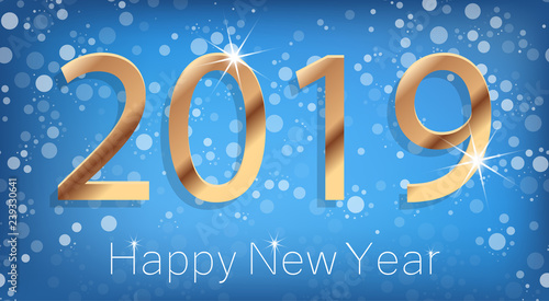 Happy New Year 2019 Poster with Golden Greeting Text and White Snowflakes. Vector Illustration.