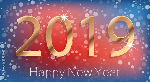 Happy New Year 2019 Poster with Golden Greeting Text and White Snowflakes. Vector Illustration.