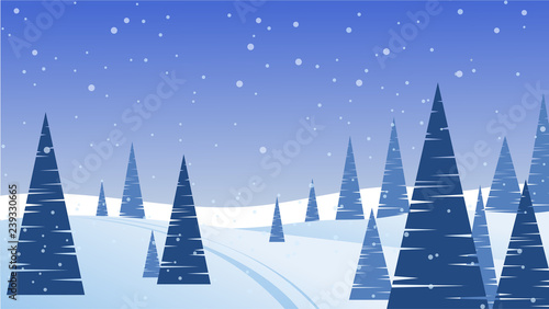 Winter. Landscape with stylized Christmas trees and snowdrifts. Vector image.