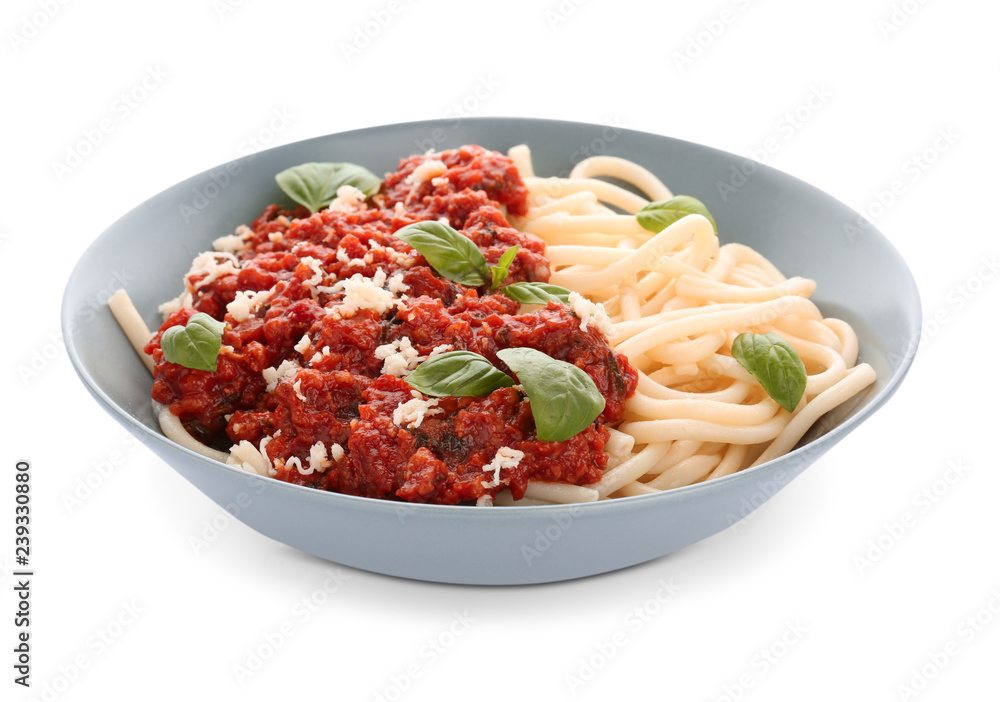Plate with delicious pasta bolognese on white background Plate with delicious pasta bolognese on white background