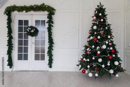 Christmas tree blue lights new year holiday gifts Garland white home decor © dmitriisimakov