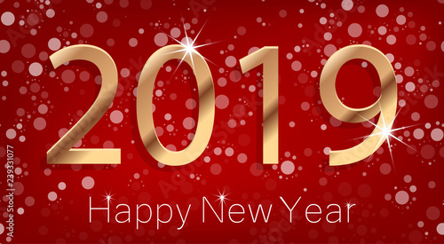 Happy New Year 2019 Poster with Golden Greeting Text and White Snowflakes. Vector Illustration.