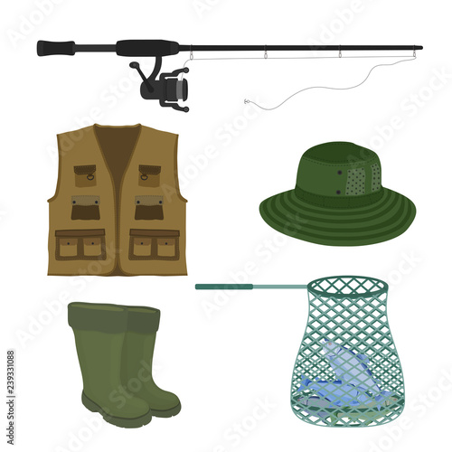 Vector fishing collection. Fish-rod, boots, sweep-net, vest and hat