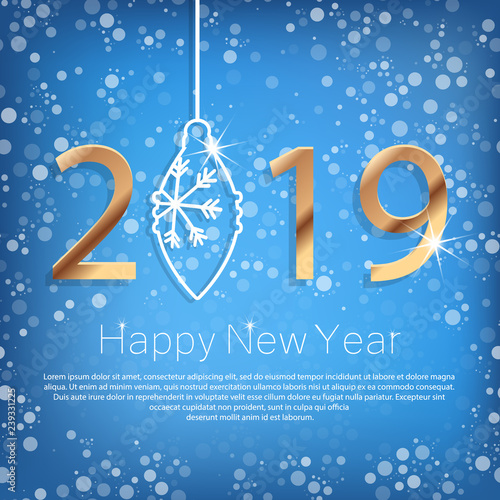 Happy New Year 2019 Poster with Golden Greeting Text and White Snowflakes. Vector Illustration.