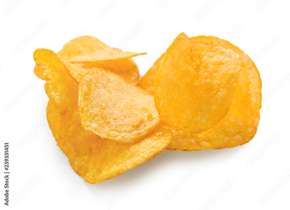 Tasty crispy potato chips on white background Tasty crispy potato chips on white background