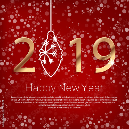 Happy New Year 2019 Poster with Golden Greeting Text and White Snowflakes. Vector Illustration.