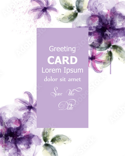 Violet flowers watercolor card Vector. Purple stains and delicate blooming de...