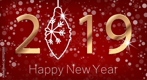 Happy New Year 2019 Poster with Golden Greeting Text and White Snowflakes. Vector Illustration.